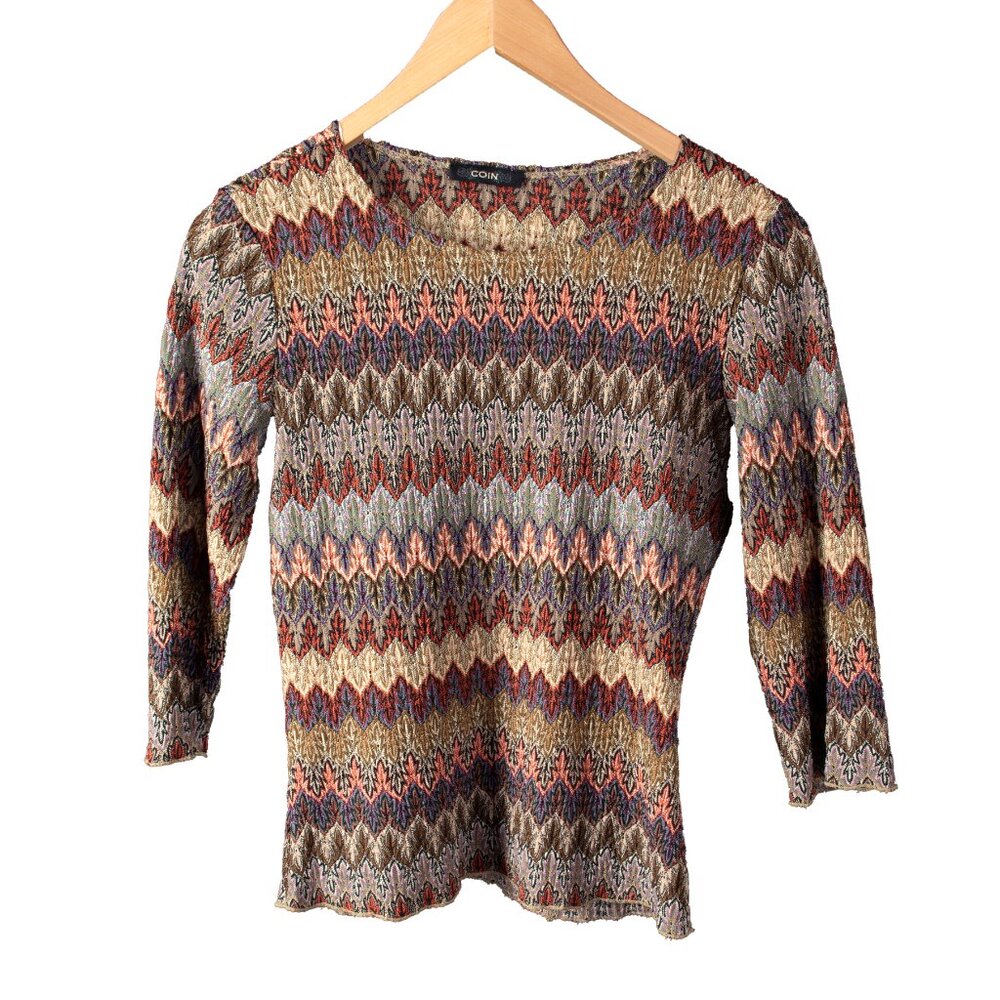 Chevron Stripe Knit Top Brown Green Rust S